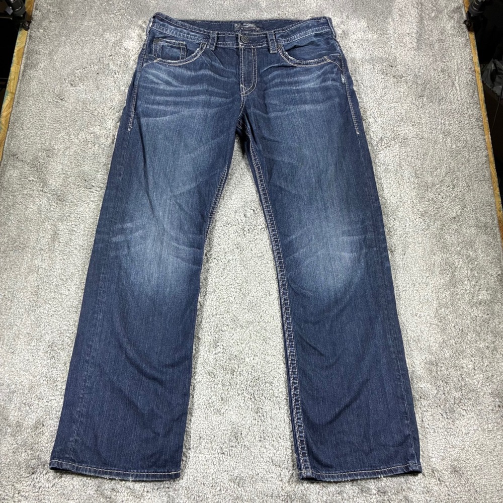 Silver Gordie Loose Fit Jeans Mens 36x32 Blue Dark Wash Contrast Stitch